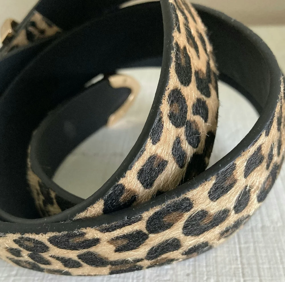 Leopard Faux Calf Hair Belt Gold Buckle Animal Print XL/ 1X Casual